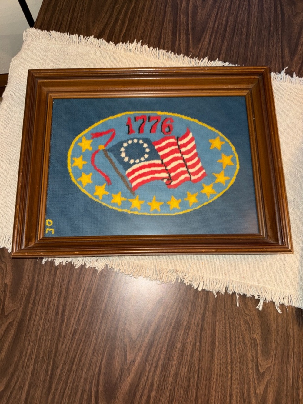 EUC Vintage framed handmade in 1977 Patriotic 1776 Needlepoint Wall Art